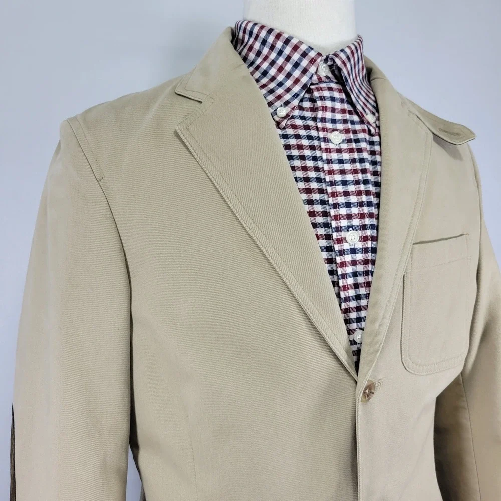 Lands End Mens Sport Coat Blazer Three Button Beige Cotton Surgeon Cuff Size 38R
